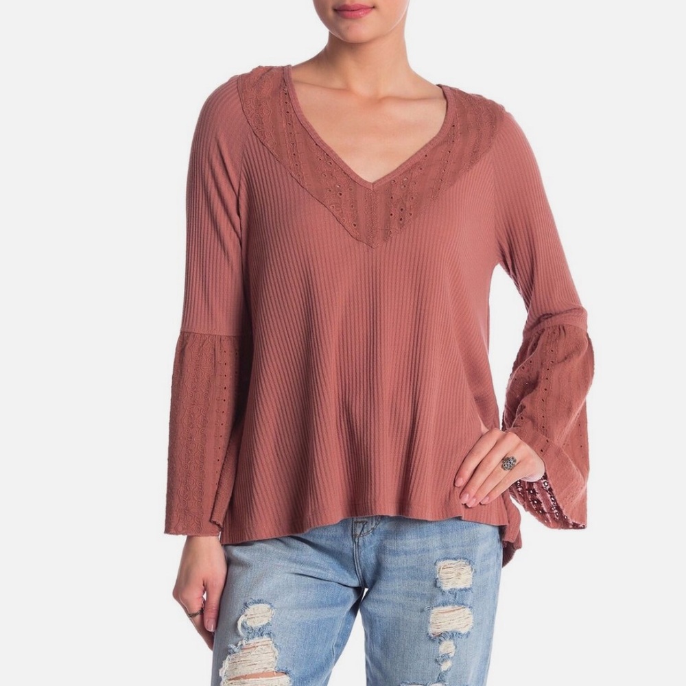 Free People Mauve Parisian Nights Bell Sleeve Top Ribbed V-Neck Small Boho Retro